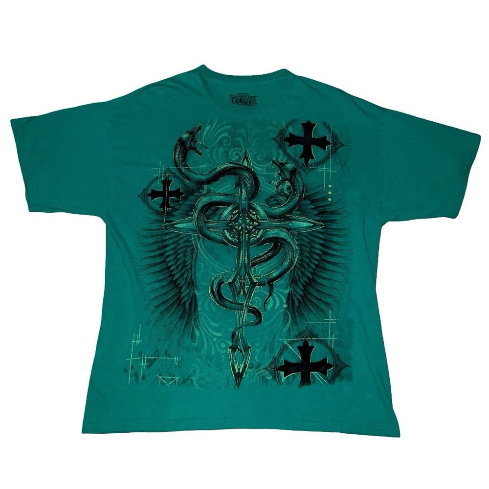 Y2K MMA Elite Shirt XL Green All Over Print Snake Grunge Cross Goth Cyber